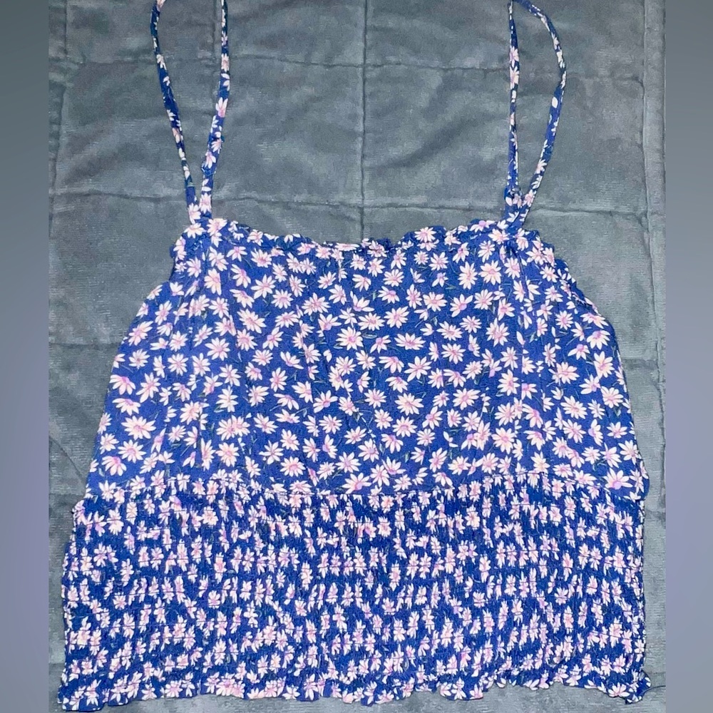 Blue Floral Ribbed Tank Top